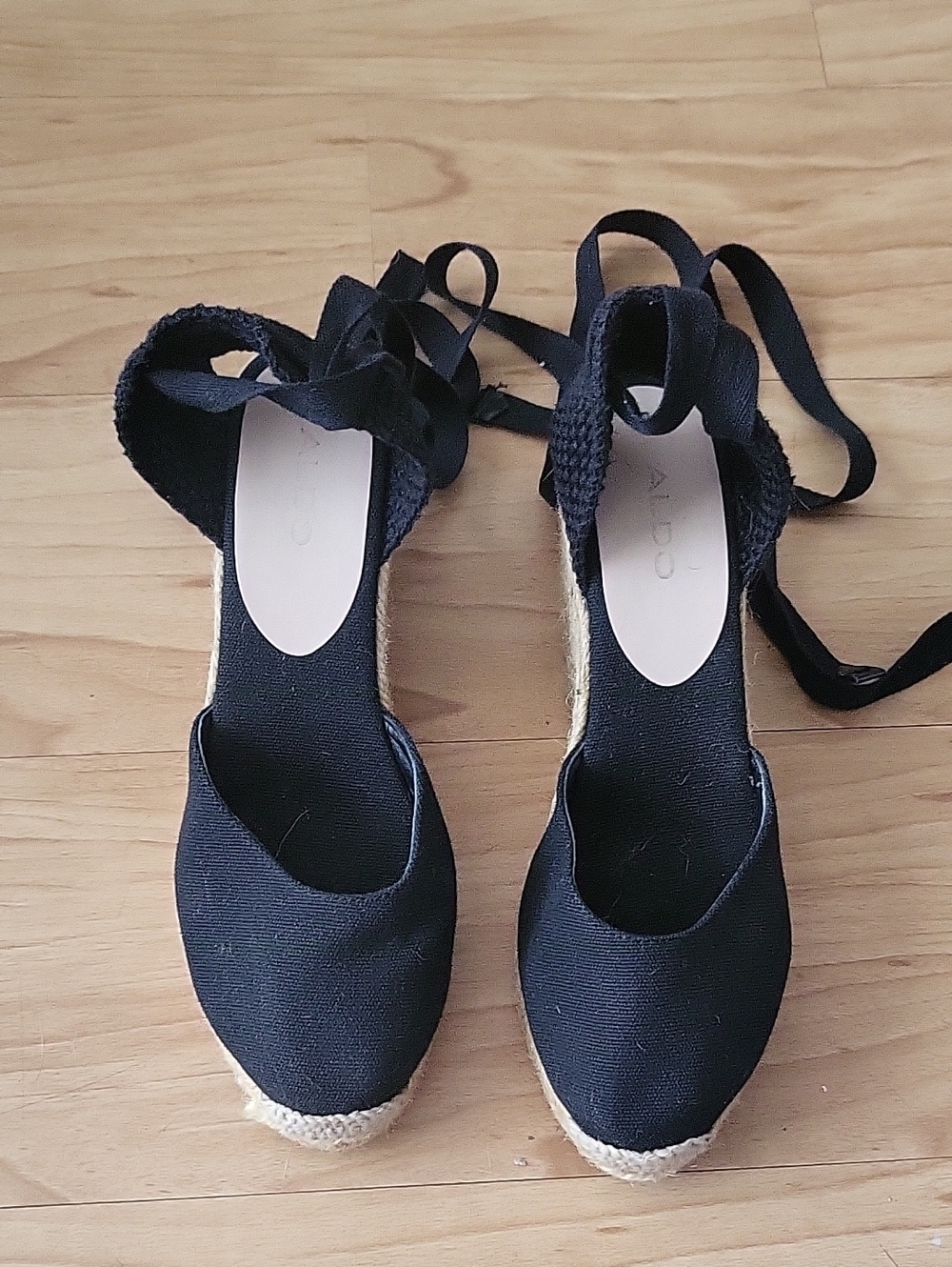 Aldo Black Canvas Espadrille Ankle-Tie Wedges